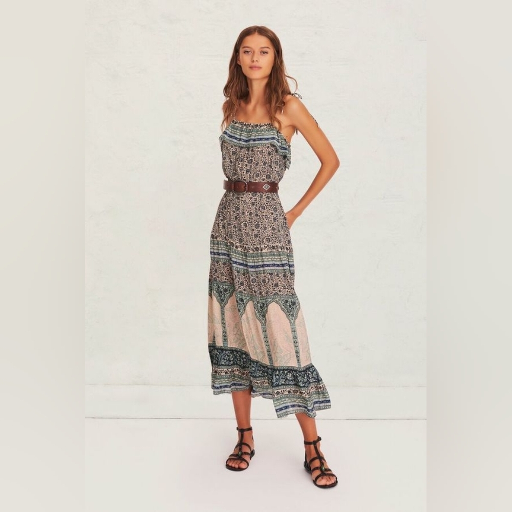 ba&sh Teresa Dress Vert Eau Print Boho Maxi Midi Tassel Tie Strappy Viscose